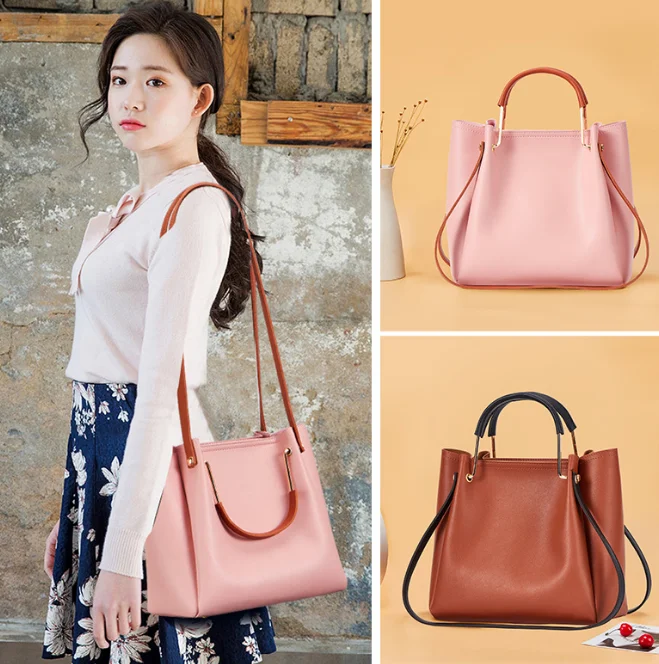 Wholesale PU Leather Shoulder Bag  Leather Tote Bag Pink Tote Bucket Bag Large Capacity Casual Work