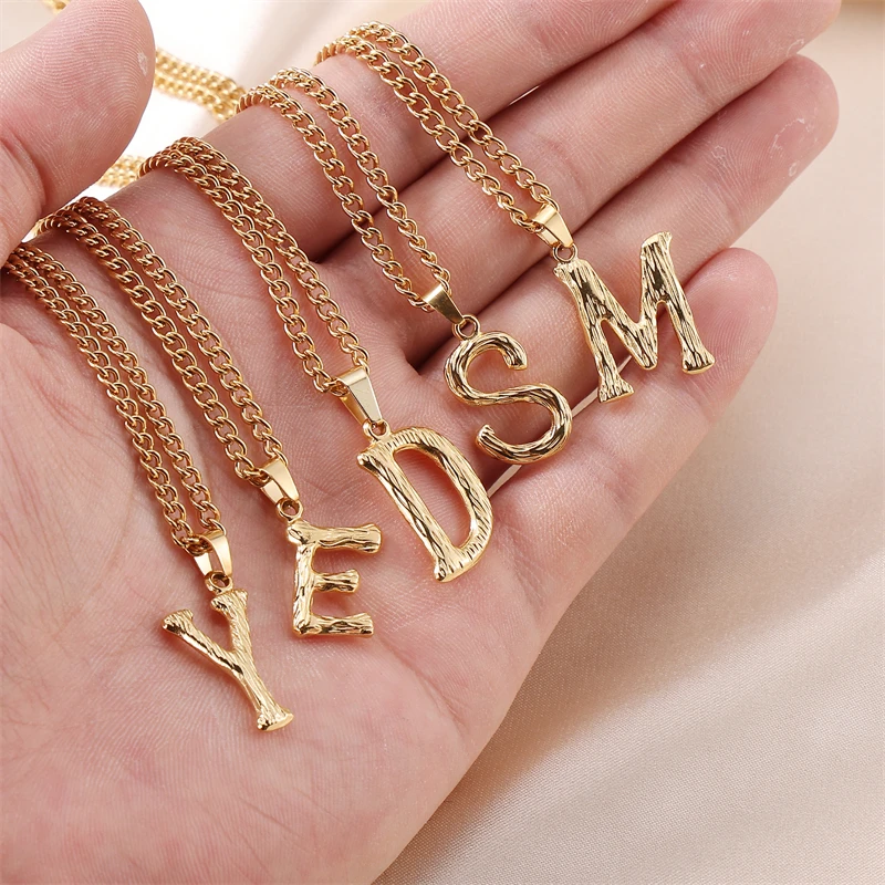 Newly Designed 26 English Letter Pendant 18K Gold Plated Stainless Steel Charm Ripple Corrugated