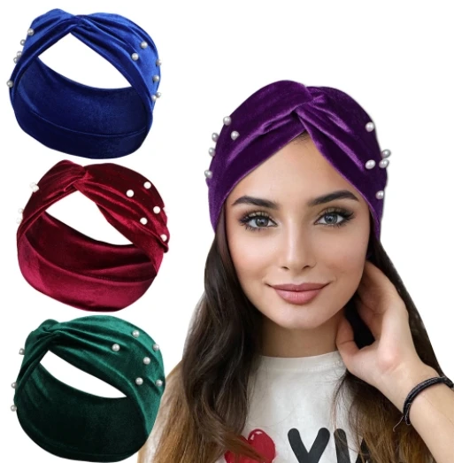 Pearl Knitted Cross Headbands For Women Girls Handmade Hair Accessories Autumn Winter Headwear Ear Warmer Elastic Hair band