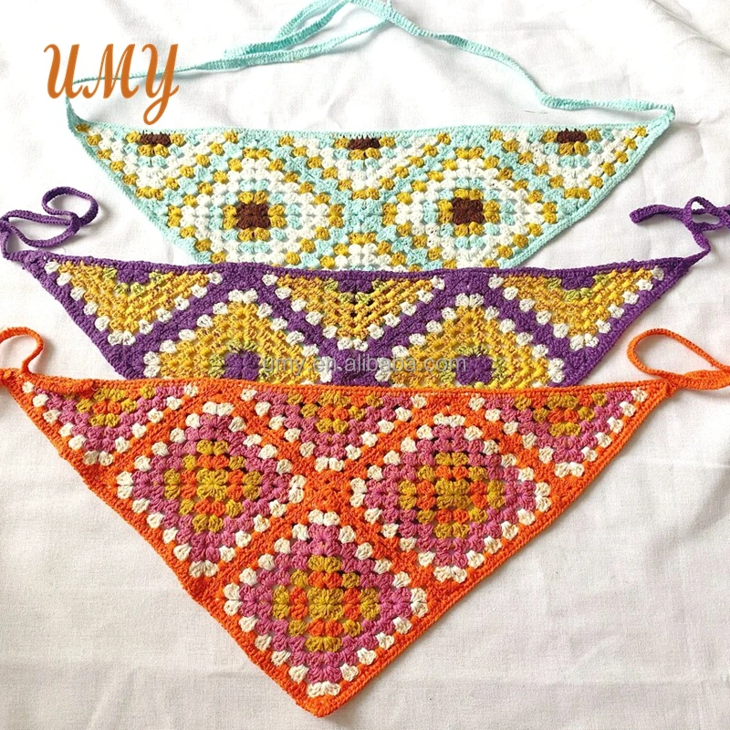 Hippie Headbands Women Cotton Handmade Bandana Granny Square Crochet Headscarf