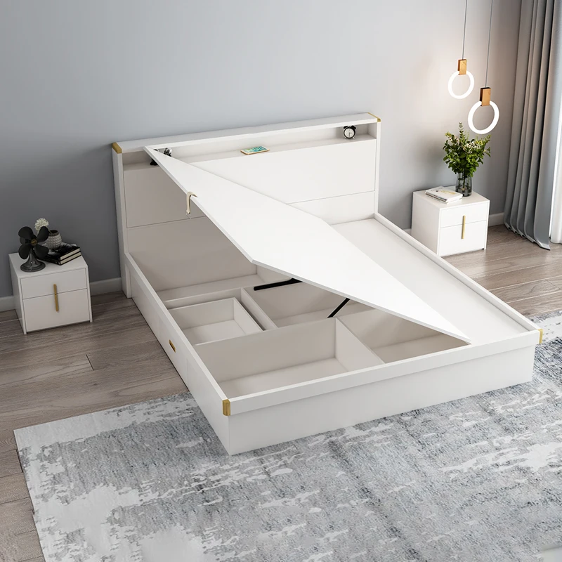 White Wooden With Led Light Bed Frame King Size Bed Storage With Drawers Underneath