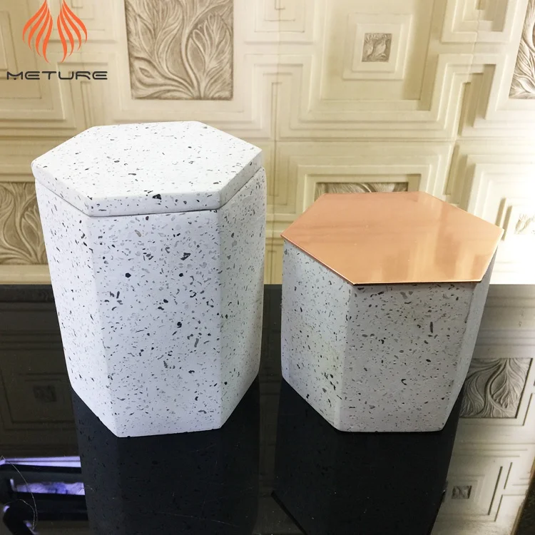 Large hexagon shape white terrazzo cement candle jar with metal lids