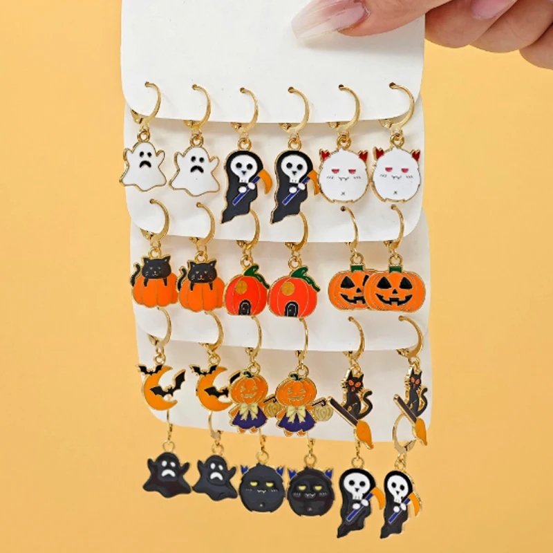 Halloween Oil Drop Pumpkin Black Cat Pendant Earrings Personality Creative Smiley Face Earrings Set For Halloweeb Decoration