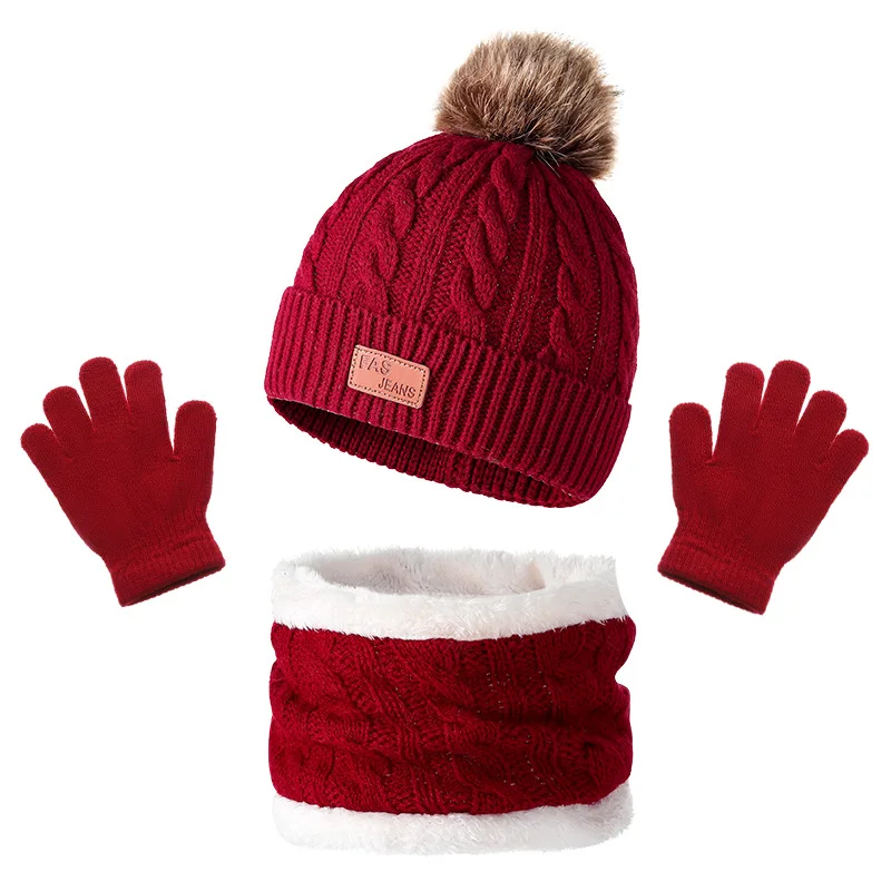 2024 оптовая продажа новая детская шапка шарф и перчатки три комплекта осенне-зимняя теплая вязаная шерстяная с одним шарфом
