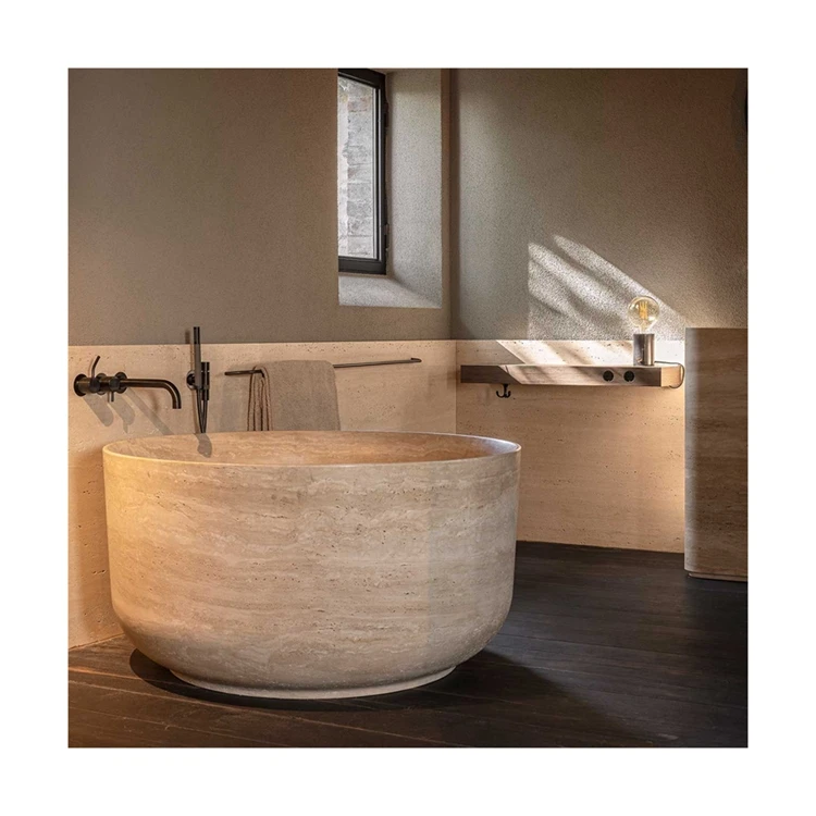 Newstar Bathroom Round Travertine Bathtub Freestanding Solid Marble Bathtub Natural Stone Bathtub Big Bath Tub
