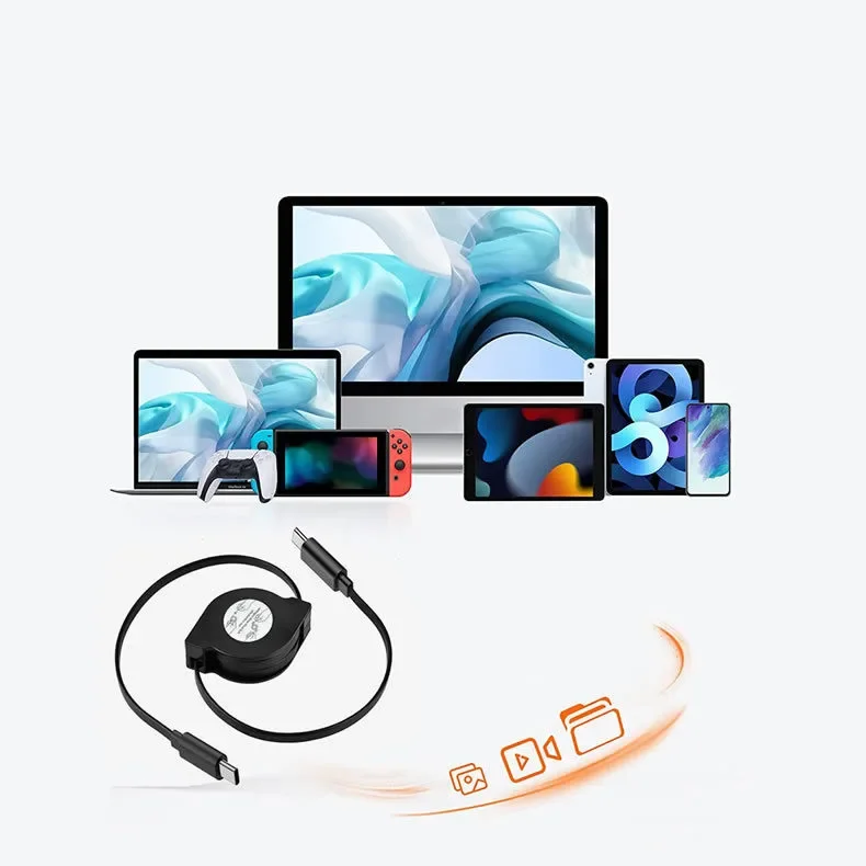 PD 60W USB C Retractable Data Cable For Macbook Fast Charging Cord Compatible with Type C Mobile Phone Switch Tablets and More