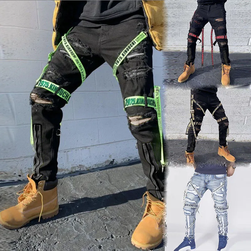 QC - 067 In stock street fashion hip hop jeans pants with ribbons letter print ripped pencil jeans men slim fit