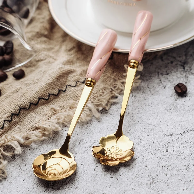Household Japanese Sakura Ceramic Handle Spoon Golden Coffee Spoon Small Exquisite Long Handle Petal Dessert Mixing Spoon