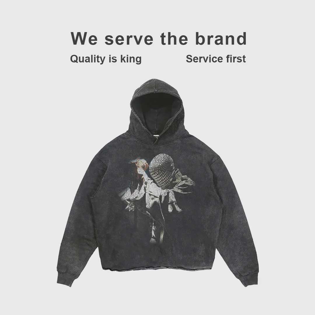 Clothing Manufacturers Custom Vintage Distressed Acid Washed Hoodie Oversize Graphic Cropped Raw Hem Hoodies Men Cut Edge Hoodie