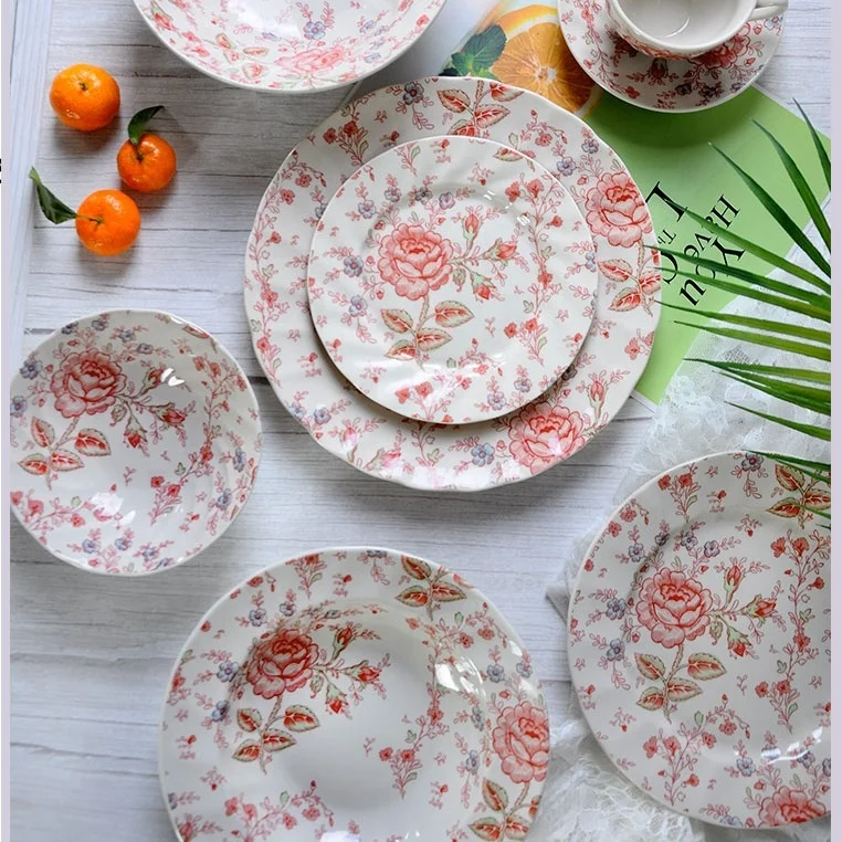Promotion British Red Rose Pattern Dinner Set Discount Ceramic Dinner Plate