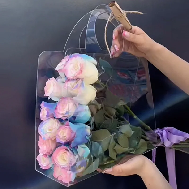 Fall In Color PET Transparent Flower Bag INS New Floral Bouquet Handle Bag For Florist