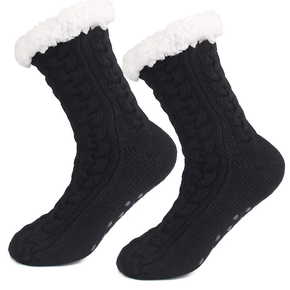 Socksmate Custom winter women warm polar fleece non slip grips knitting thick home woolen heated indoor floor shoes socks