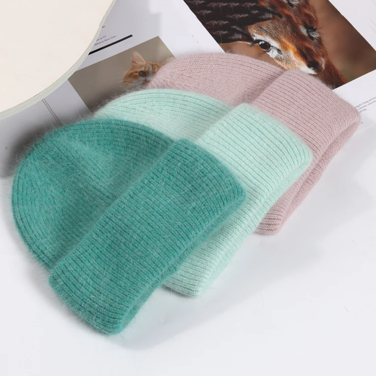 2021 new plain rabbit fur warm hat winter plain plush knit hat