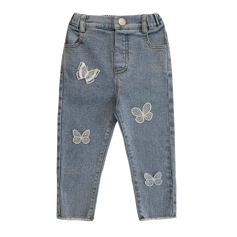 W1538YQ1600 new arrival baby girls jeans straight pant infant kids denim pants children clothing sets boutiques butterfly