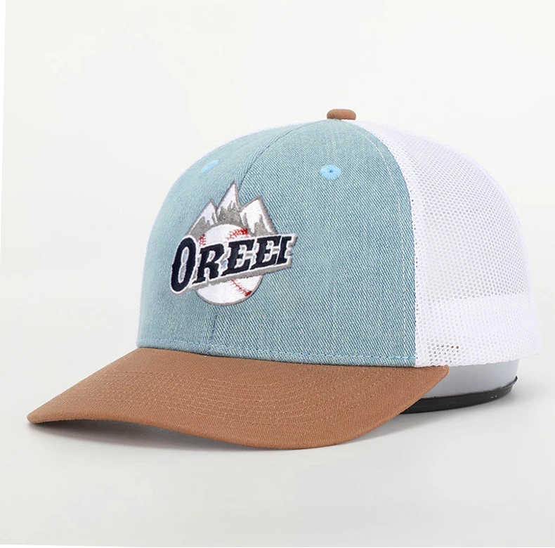 Custom High Quality 6 Panel Retro Blue Denim baseball caps 3D embroidery Patch Logo  Mesh Snap Back Richardson 112 trucker hats