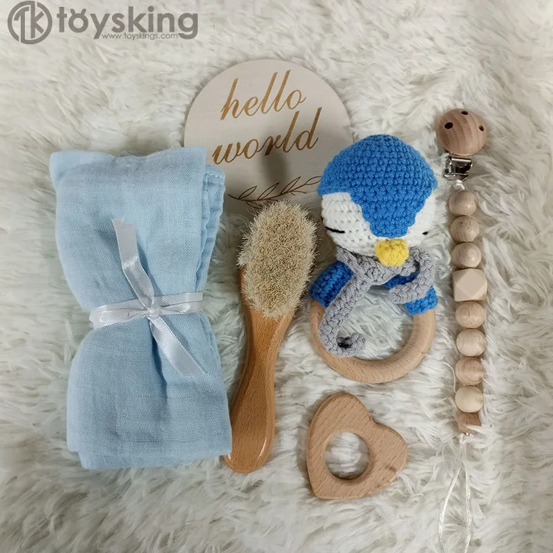 2023 Handmade Crochet Penguin Rattle Soft Blanket Small Box Gift Set for Newborn Baby Infant Usage