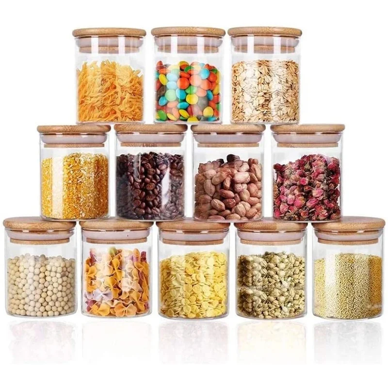 12 pack, 8 oz Glass Jar Set Spice Jar Food Container Kitchen Kit for Tea, Herb, Grain, Coffee