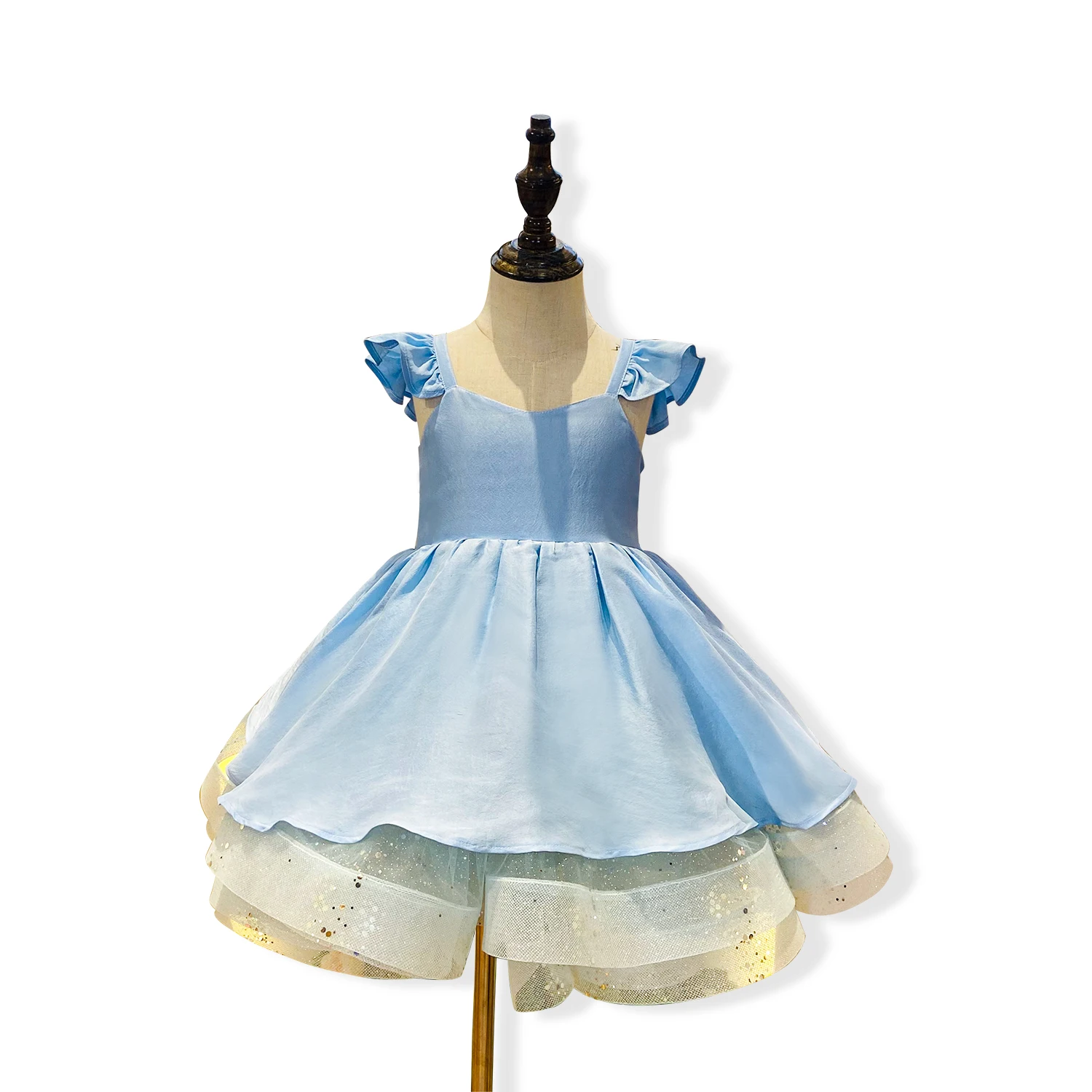 JannyBB fashion kids Silk Fabric princess dresses kids party dress blue horsehair satin flutter sleeve girl dress