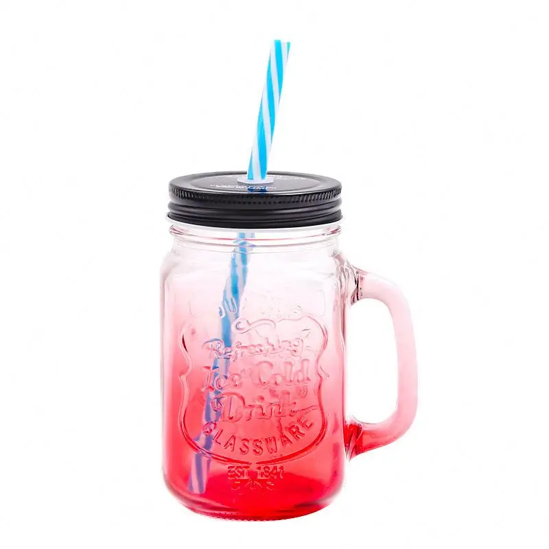 2024 New colorful square 16oz glass mason jar with handles wholesale480ml  mason jar with straw