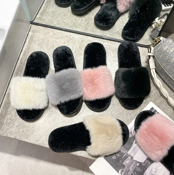 wholesale ladies dressing  fashion open toe fur flip-flops furry home  house slides slippers  women flat slippers