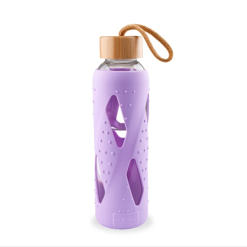 
BPA Free Bamboo Lid Protective Silicone Reusable Glass Water Bottle with Silicone Sleeve 