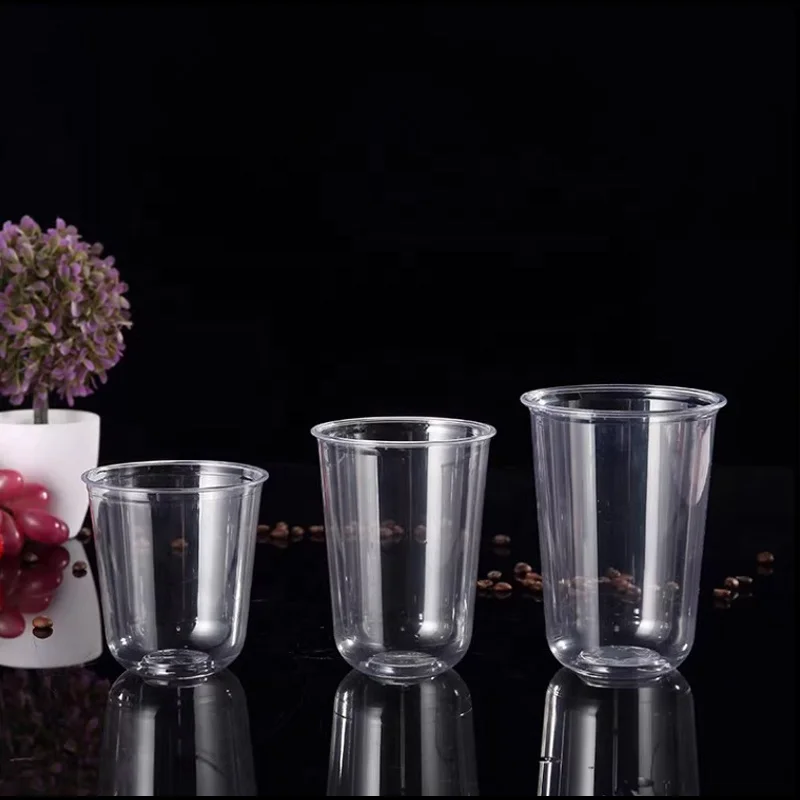 Custom logo disposable u shape plastic cups soft clear bubble tea plastic cup with lid boba cup
