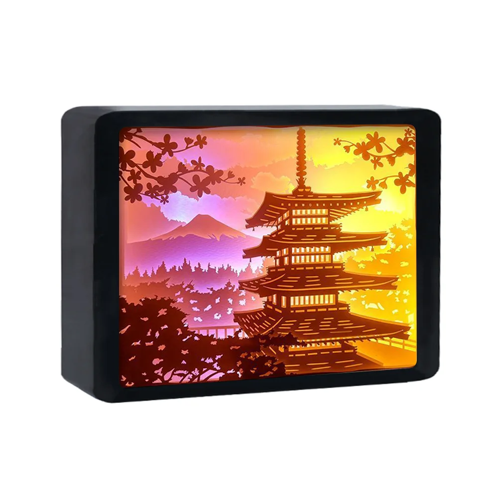 2025 Hot Sale Japanese Pagoda Landscape 3D Paper Carving Lamp  Box Holiday Gift Decorative Lamp