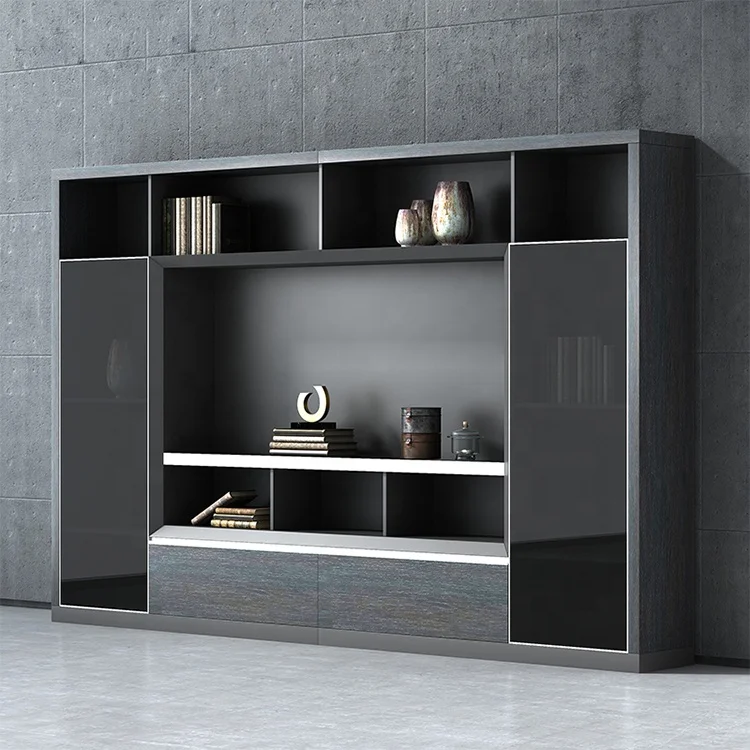 High end luxury glass doors wooden background office furniture file cabinet