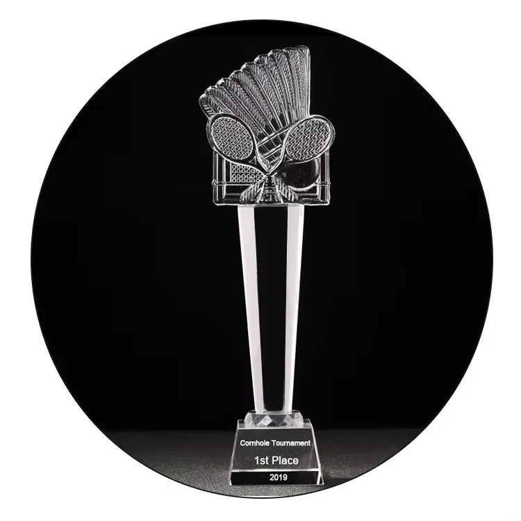 K9 Optic Glass Award Crystal Badminton Trophy With Custom Engraving On Stand