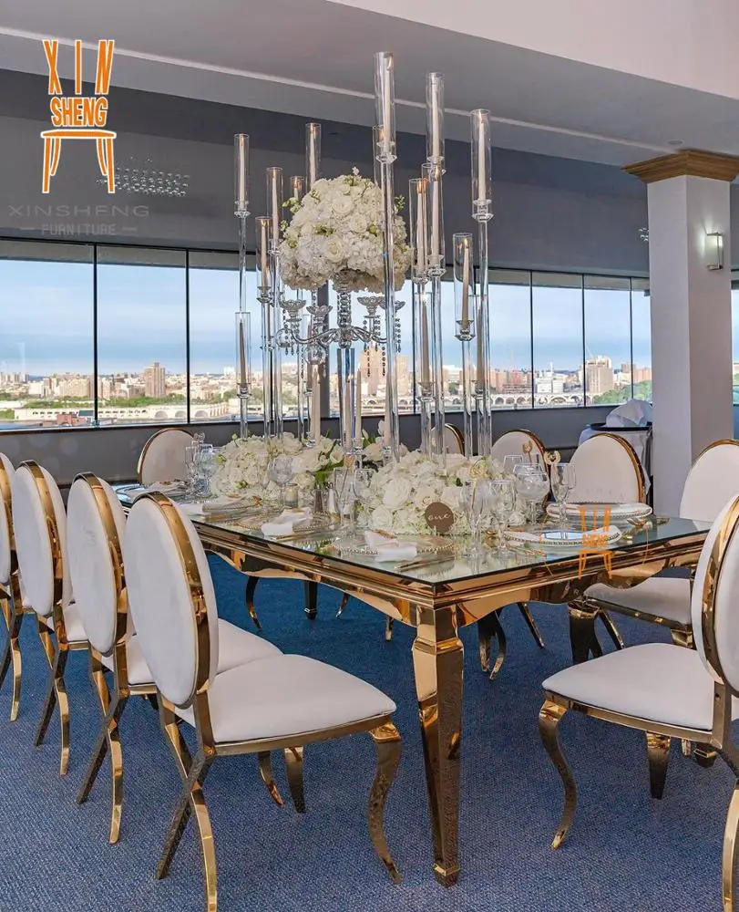 Wedding furniture stainless steel round mirror glass dining table for event