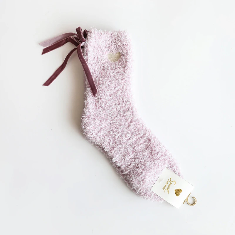 Winter Sweet Heart Embroidered Warm Thick Sleeping Soft Cozy Feather Yarn Floor Women Socks