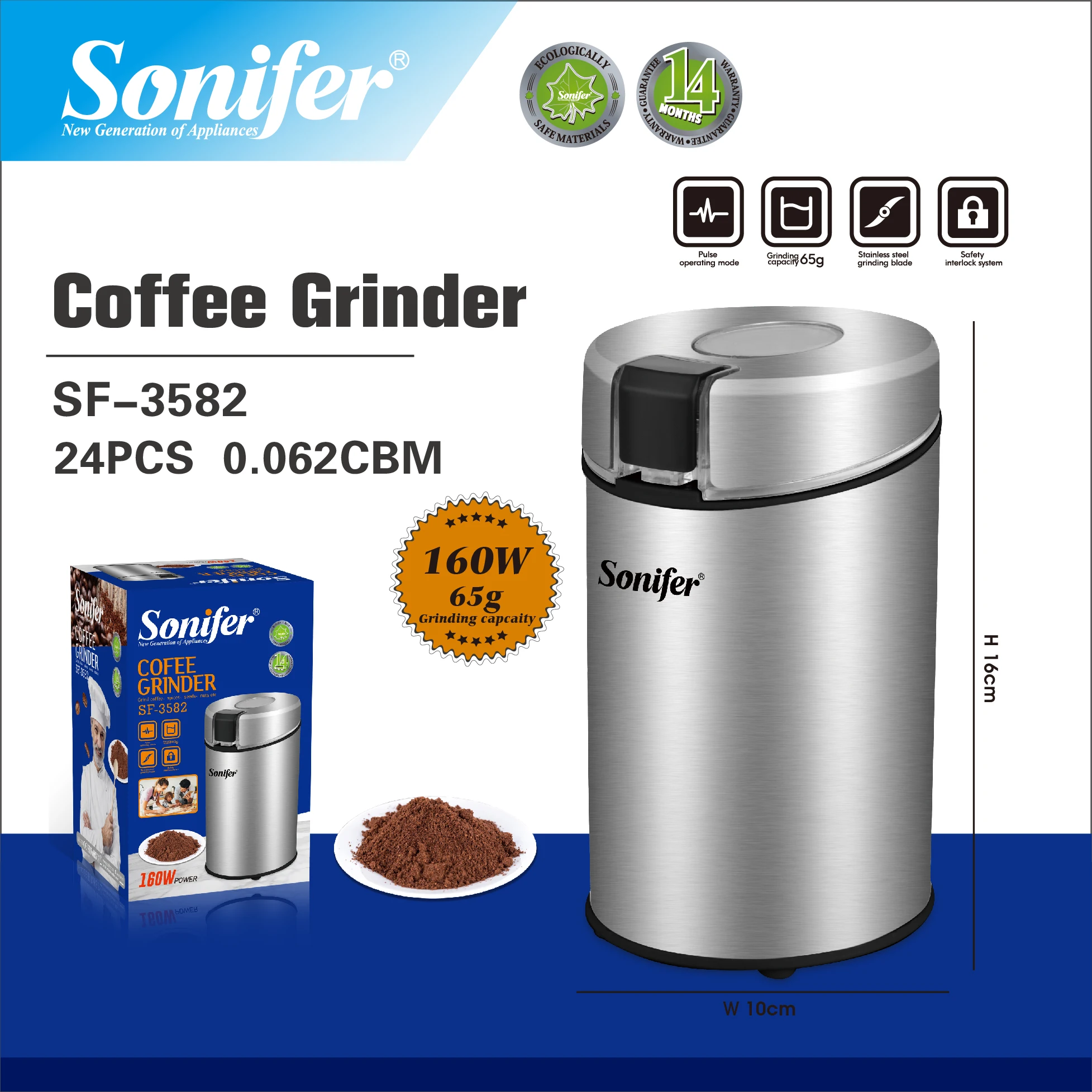 Sonifer SF-3582 Wholesale New Household Dry 65g Bean Spice Motor Mini Electric Stainless Steel Coffee Grinder