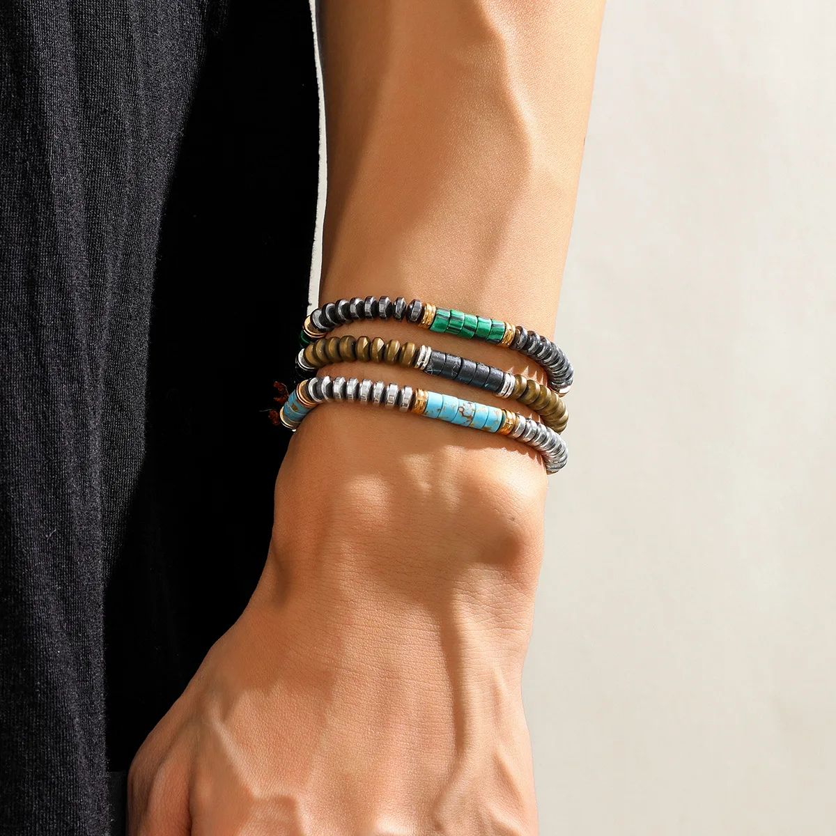 Fashion Statement Hip Hop Men Handmade Woven Adjustable Flat Round Spacer Beads Hematite Turquoise Stone Beaded Bracelet for Man