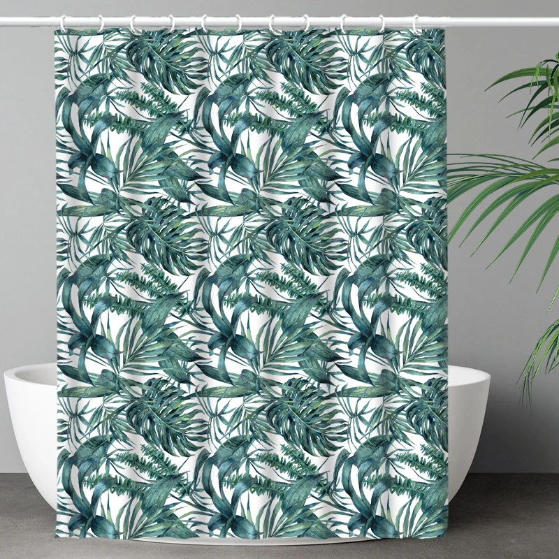 Weighted Hem Printed Tropical Leaves Plant White Background Odorless Shower Curtain for Bathroom and Bathtubs