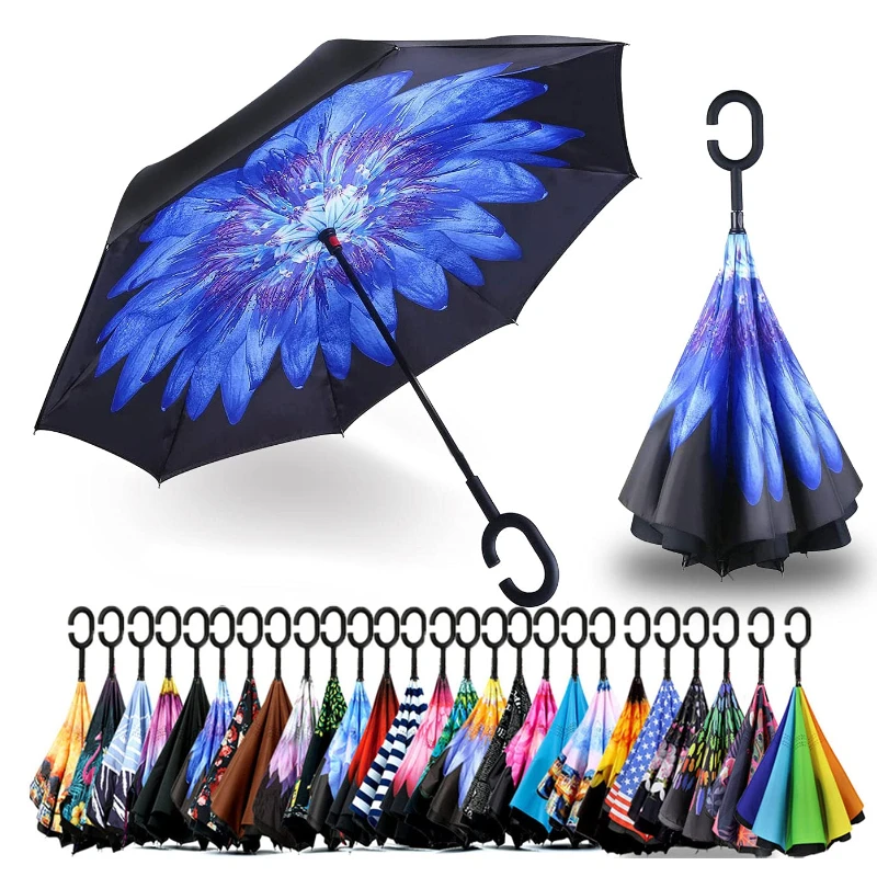 2023 Fashion Innovative Trending  Double Layer Upside Down Windproof Fiber Glass Sunflower Printing Inverted Umbrella