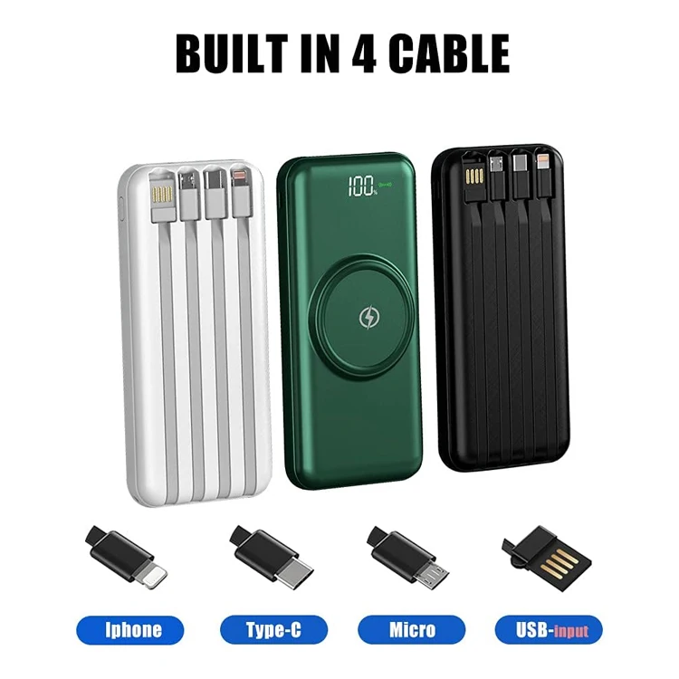 Portable Power Bank 10000mAh with Cables Fast Charger LED Display Battery Pack Phone Charger powerbank banco de poder