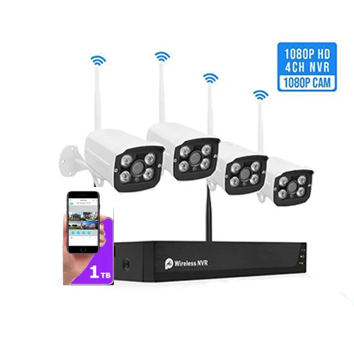 WIFI Outdoor Indoor Home Waterproof Night Vision Plug Play 1TB Hard Drive Full HD 1080P 4CH Wireless NVR Security Camera System