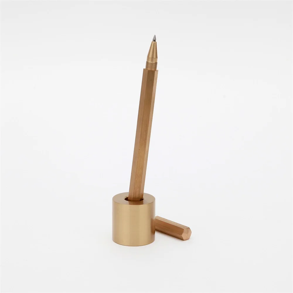 Maxery Simple Design Brass Pen Holder, Creative Geometric Shape Office Desk Storage Pen Insert Holder