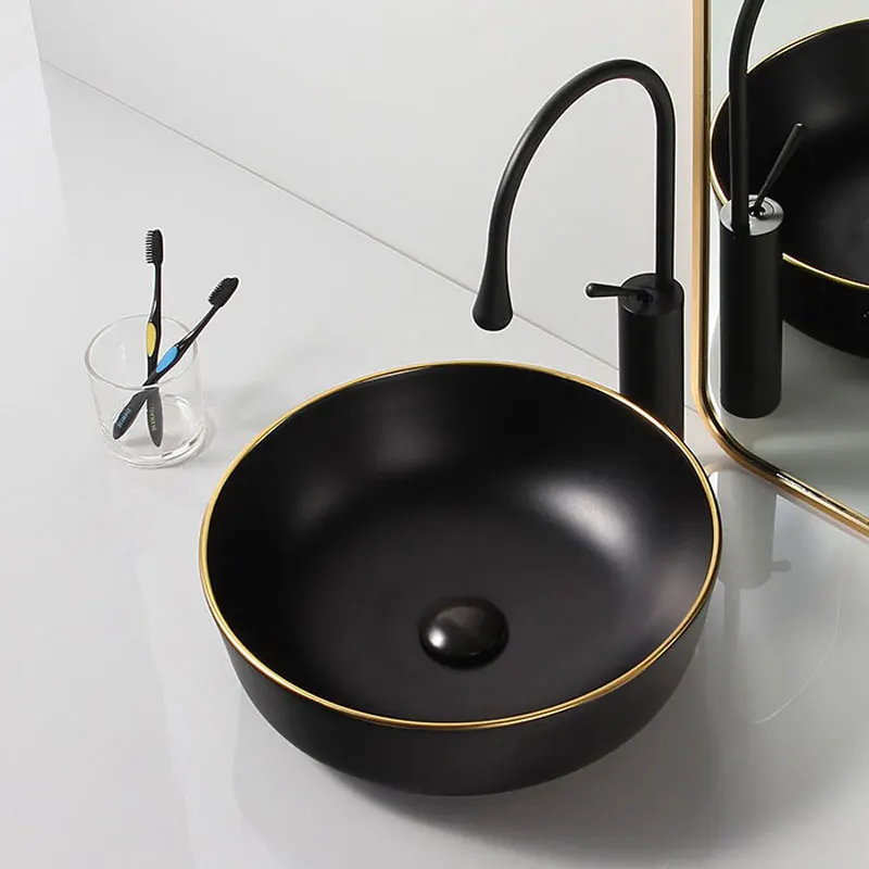 2022 new model reasonable price matte black art washbasins bathroom products sinks basin with gold line