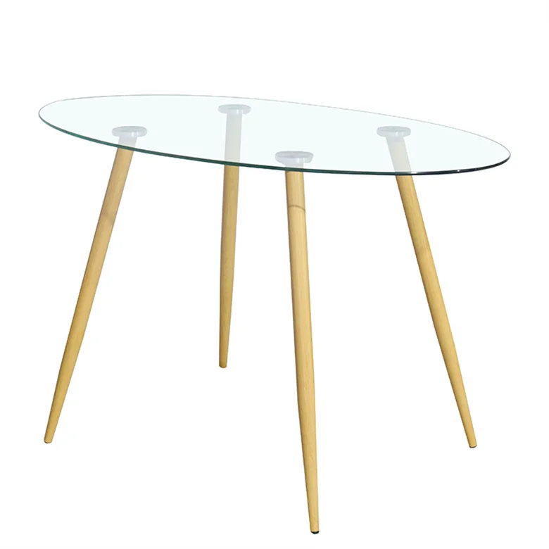 Glass Dinning Room Table Modern Wood Grain Metal  Leg Rectangular Square Clear Tempered Glass Top Dining Table