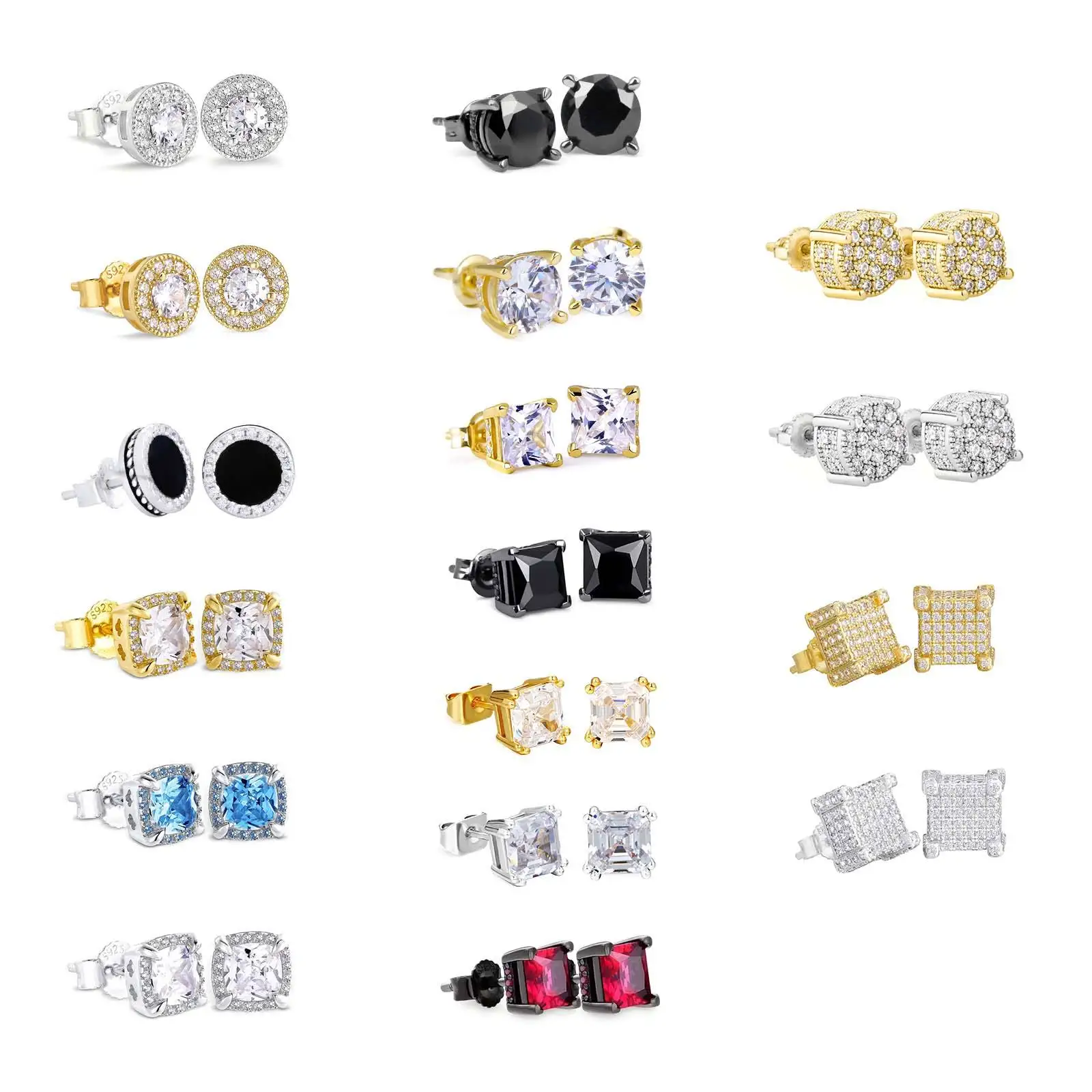 Wholesale18K Gold Plated 925 Sterling Silver 5A CZ Diamond Zircon Paved Mens Earring Stud Earrings for men