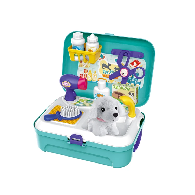
16pcs Pet care toy pretend play Pet tool set with plush dog-Backpack plastic box 