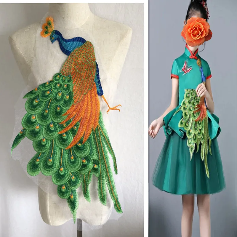 Chinese Style Big Peacock Mesh Embroidery Cloth Patch Mesh Yarn Embroidery Patch Cheongsam Dress