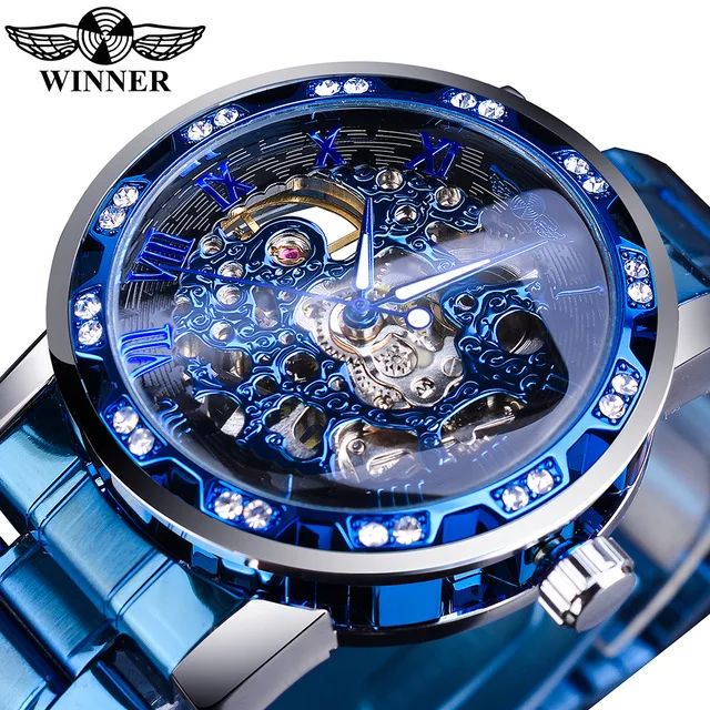 Winner New Transparent Diamond Mechanical Watch Stainless Steel Skeleton Watch Top Brand Luxury Business Luminous Male Clock