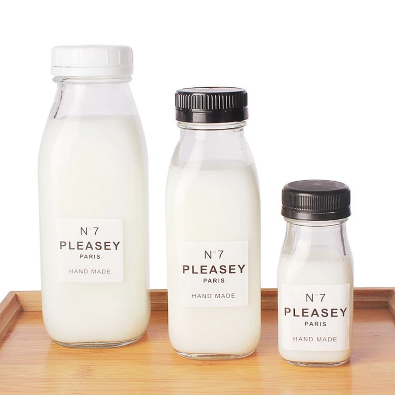 100ml/300ml/500ml/1000ml  French Square Glass Milk Bottle  Coffee Beverage Juice Liquor Glass Bottle with Black Plastic Lids