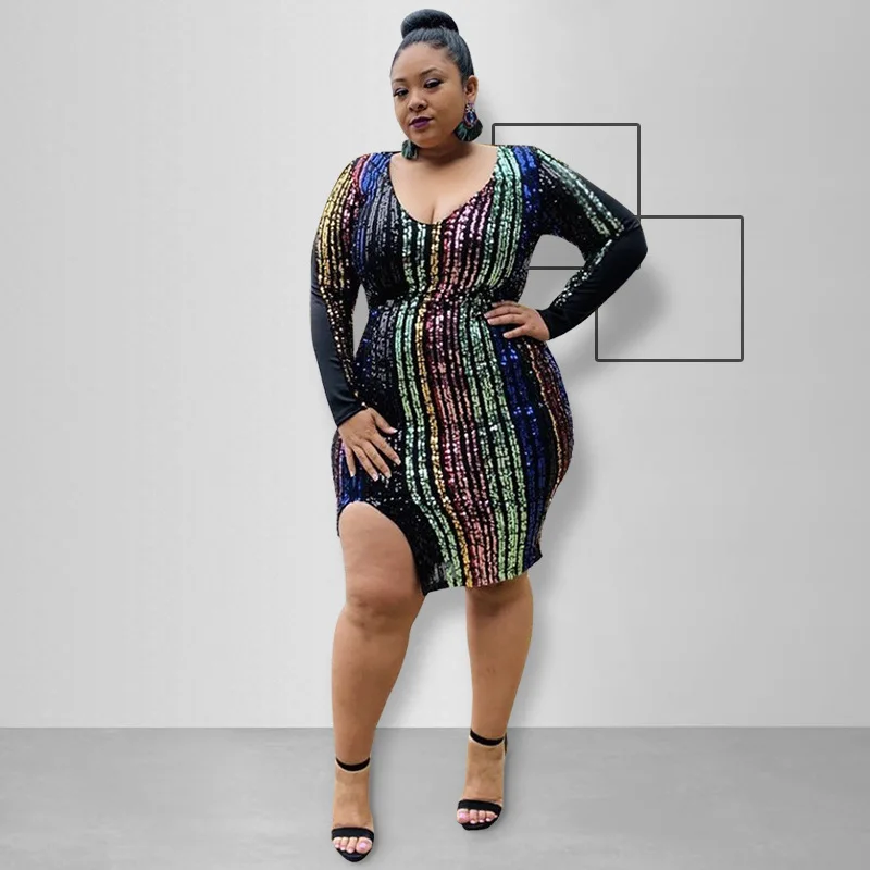  Женская одежда GX619A женское облегающее платье с длинным рукавом сексуальное Элегантное летнее платье-миди большого размера блестками для полных девушек