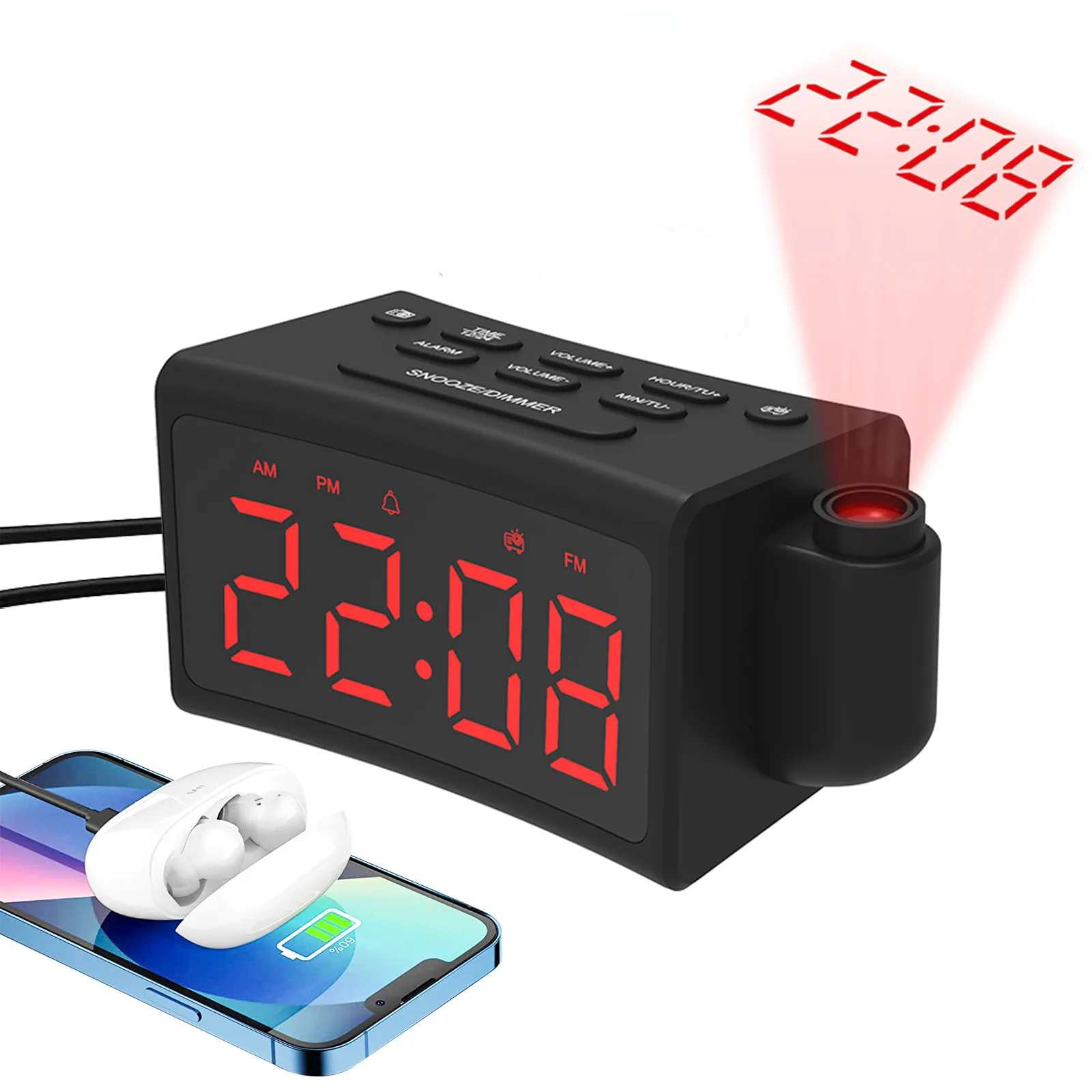 Hot Selling Bedroom Radio Alarm Clock with USB Charging Port Vibrating Clock Reloj Despertador Con Projection Digital clock