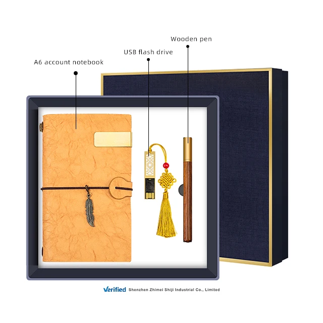 Innovative giveaways new product ideas 32GB USB flash drive with Chinese knot brass wood pen A6 plain notebook luxury gift set
