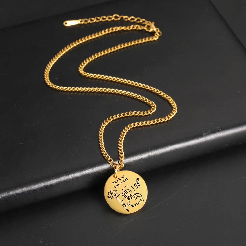 Women Layering Necklace 18K Gold Plated  Laser Engraving The best Astronaut Disc Necklace Cute Jewelry