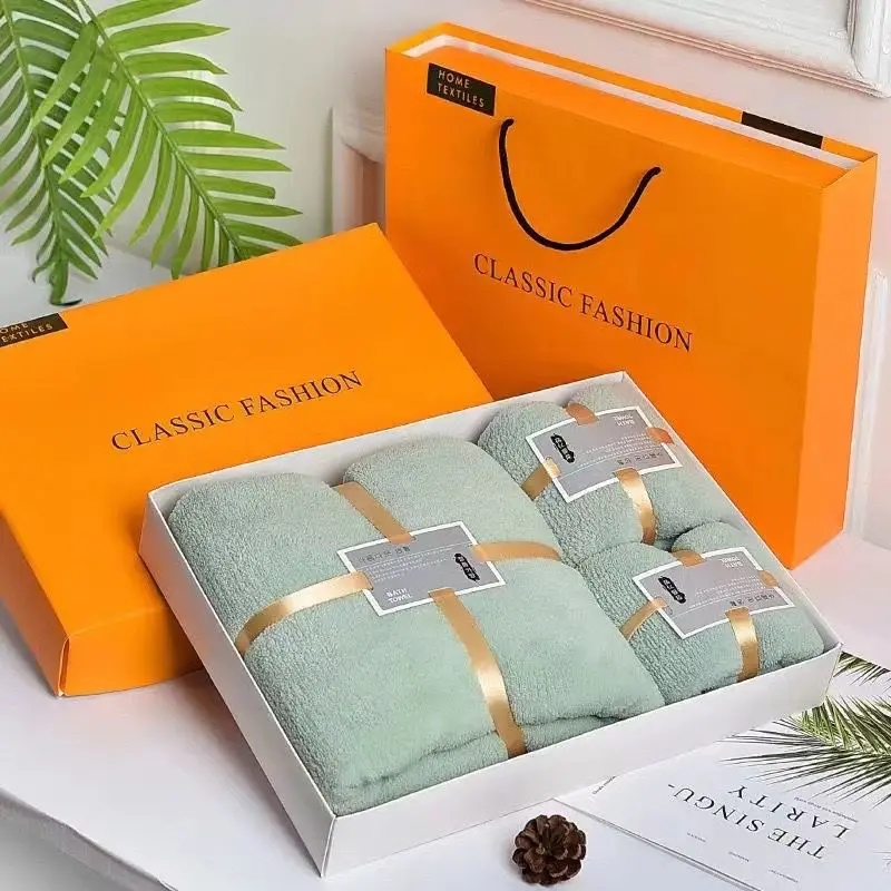 Bath towel 100% coral velvet deluxe bath towel set luxury hotel custom gift box